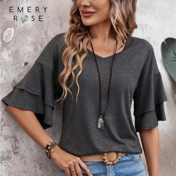 SHEIN Tops - Women's Gray V-Neck Layered Sleeve Top